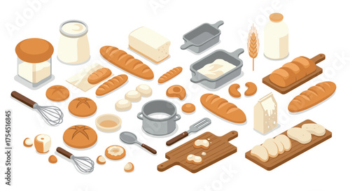 Isometric bakery ingredients and tools for bread making