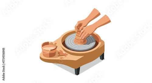 Pottery craft with hands shaping clay on wheel in isometric design