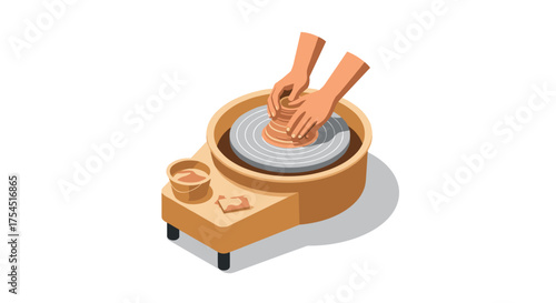 Isometric pottery art crafting scene with rotating wheel and clay creation
