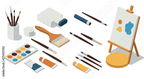 Essential art supplies isometric painting tools and brushes collection