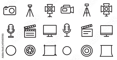 Photography and filmmaking outline icons set – linear, camera, equipment symbols
