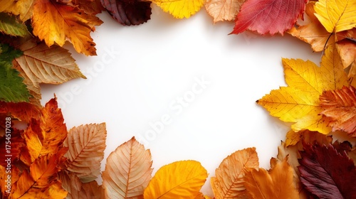 Hojas de otoño dibujando un marco alrededor de la imagen sobre fondo blanco