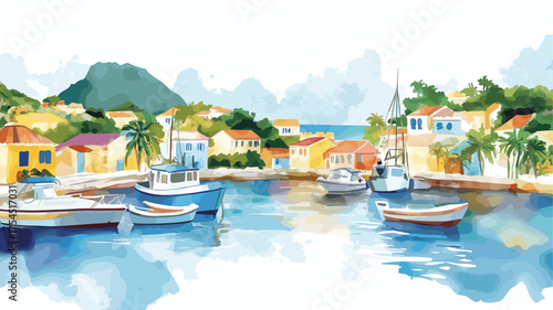 English Harbour. English Harbour hand drawn watercolor illustration