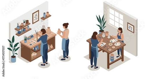 Creative ceramics workshop artists crafting pottery and painting in isometric studio