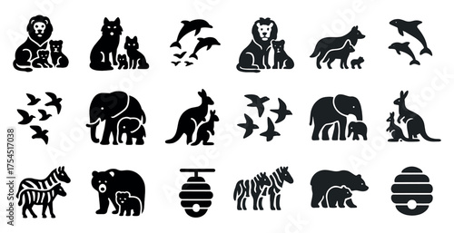 Wildlife and nature silhouette icons set – solid, animal, fauna symbols