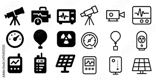 Science and technology solid icons set – filled, flat, scientific tools and devices