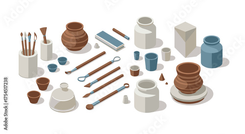 Isometric art supplies pottery and painting tools on white background
