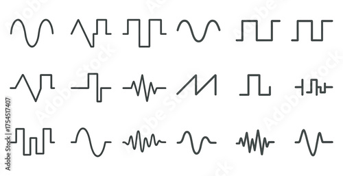 Waveform line icons set – flat, linear, audio and sound wave symbols collection