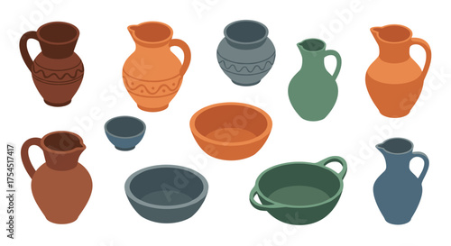 Colorful collection of isometric clay pottery and vases in various shapes