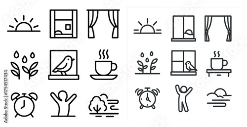 Morning routine outline icons set – linear, sunrise, daily lifestyle symbols