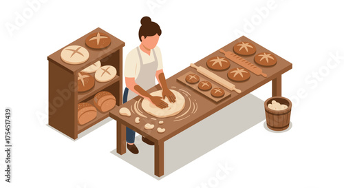Isometric home baking scene featuring a baker kneading dough with fresh bread displayed on tables
