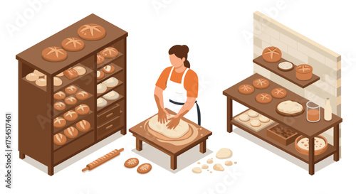 Artisan baker kneading dough in cozy bakery with bread display and freshly baked goods