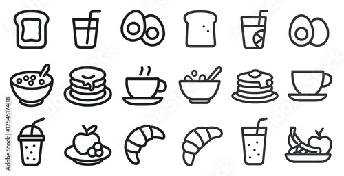 Breakfast and brunch outline icons set – linear, food, drink, and meal symbols