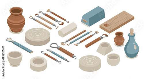 Isometric pottery tools and clay objects for ceramics enthusiasts