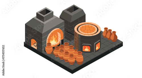 Isometric ancient kiln and pottery workshop with fire and clay pots