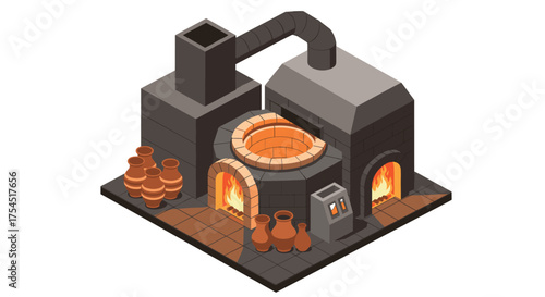 Isometric pottery workshop with kiln and clay pots in industrial setting