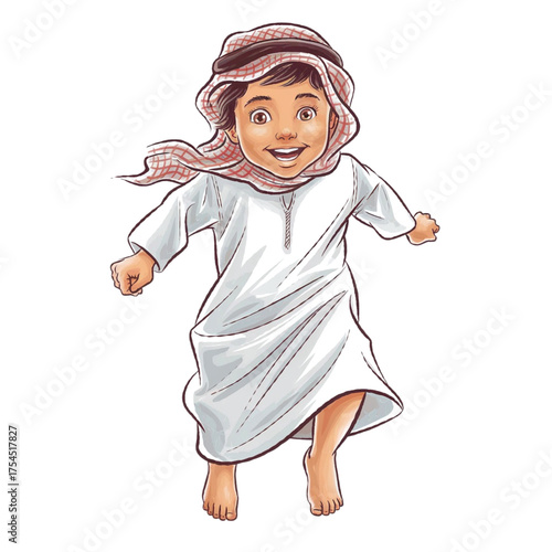 Happy Arab Boy in Traditional Thobe and Keffiyeh Jumping for Joy, Cute Middle Eastern Child Cartoon Character Isolated on White Background
