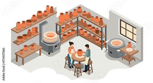 Isometric pottery workshop with artists crafting ceramics in studio environment