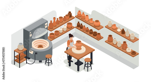 Isometric pottery workshop scene artisan crafting clay on pottery wheel with kiln and shelves