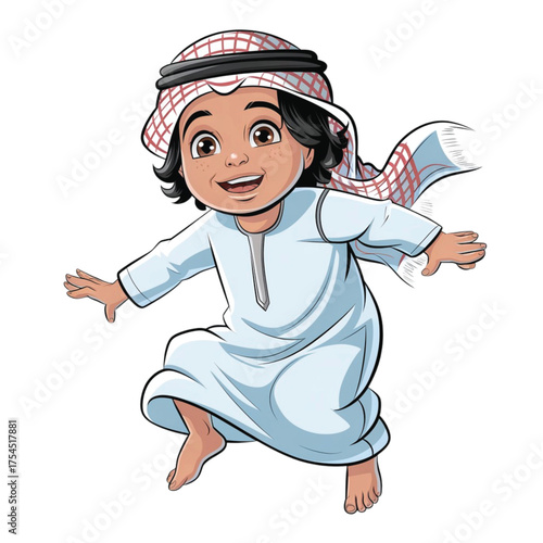 Happy Arab Boy in Traditional Thobe and Keffiyeh Jumping for Joy, Cute Middle Eastern Child Cartoon Character Isolated on White Background