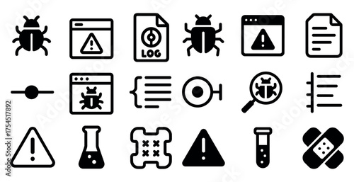 Bug and error solid icons set – filled, outline, debugging and software symbols