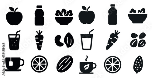 Healthy food silhouette icons set – filled, solid, nutrition and wellness symbols
