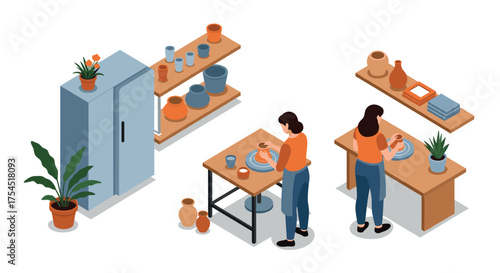 Isometric pottery workshop with women crafting functional ceramic art