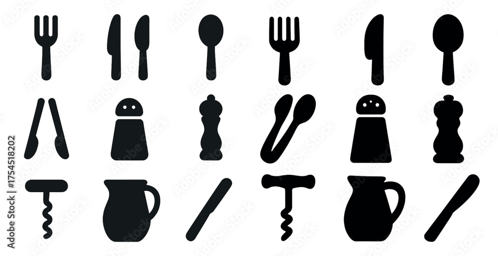 Obraz premium Kitchen utensils solid icons set – silhouette, filled, cooking and culinary tools