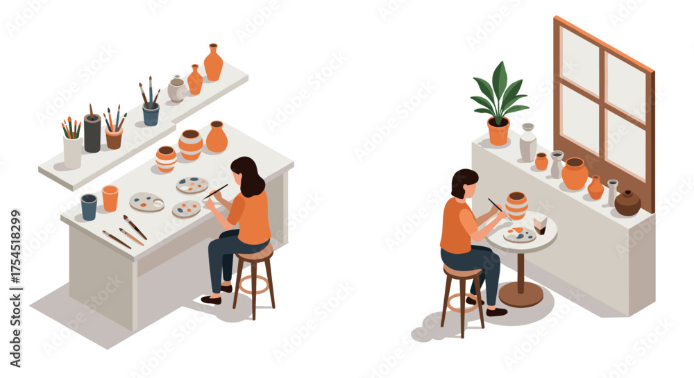 Obraz premium Isometric artist studio with pottery painting scene and window view