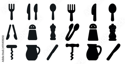 Kitchen utensils solid icons set – silhouette, filled, cooking and culinary tools