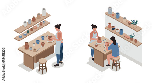 Isometric pottery workshop with women creating ceramic art in studio