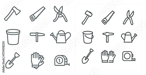 Gardening tools outline icons set – linear, garden equipment, landscaping symbols