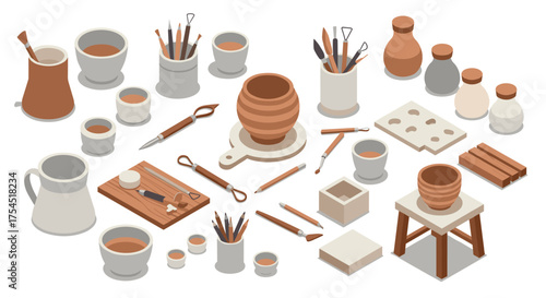 Cozy ceramic workshop with pottery tools and equipment in isometric style
