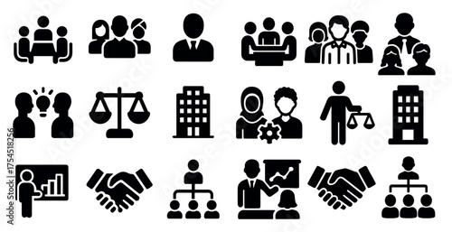 Business and teamwork silhouette icons set – solid, outline, collaboration symbols