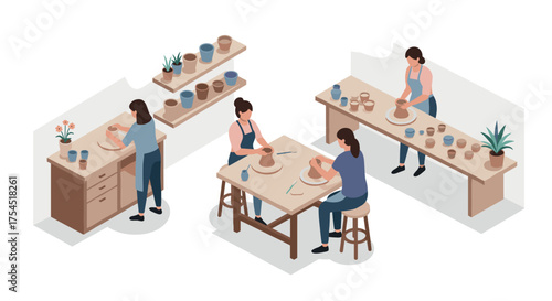 Isometric pottery workshop with artists crafting clay vessels