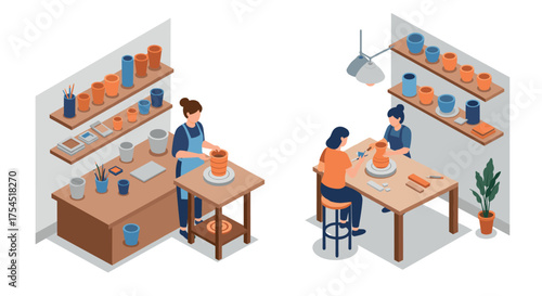 Creative pottery workshop scene in modern isometric style