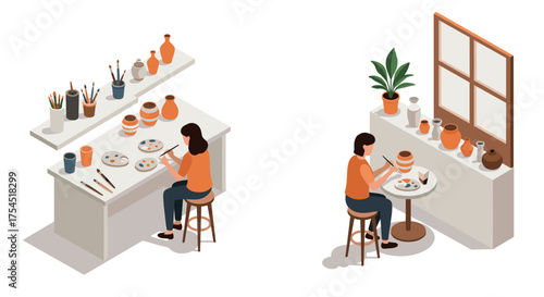 Isometric artist studio with pottery painting scene and window view