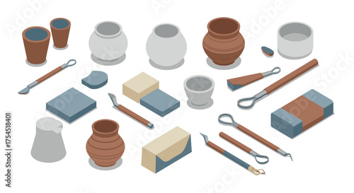 Isometric pottery and sculpting tools on white background