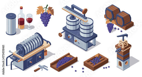 Isometric winery equipment grapes, bottles, and barrels for wine production