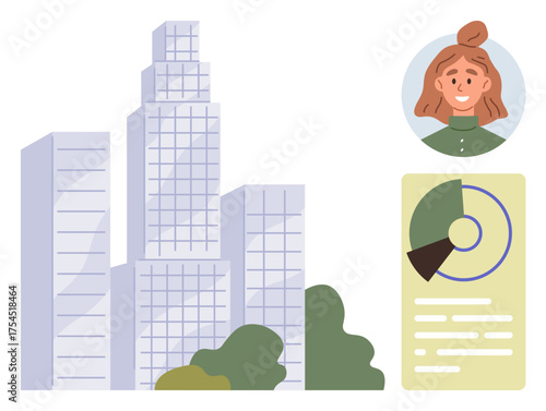 Tall skyscrapers alongside an employee portrait and analytics panel featuring a pie chart and text. Ideal for business, team management, corporate communication, data analysis, HR, urban development