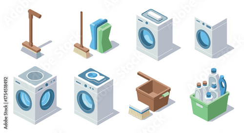 Modern isometric laundry and cleaning equipment set with detergent and washing machine