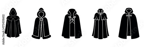 Black silhouette icons of fashion cloaks and capes