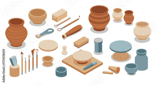 Isometric clay pottery tools and ceramics for crafting projects