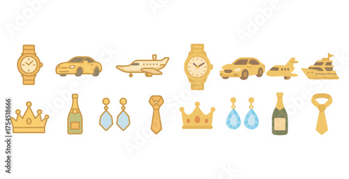 Luxury lifestyle icons set – flat, filled, watch and travel symbols for design