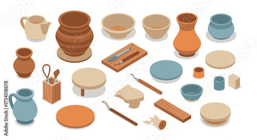 Isometric pottery tools and ceramic vases on white background