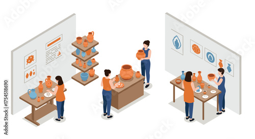 Isometric pottery workshop scene with people crafting ceramics in studio