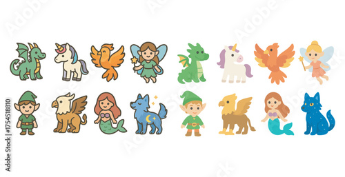 Fantasy characters icon set – flat, magical creatures and mythology symbols