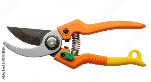 Isolated pruning shears with orange handles for gardening, tool used for cutting shrubs