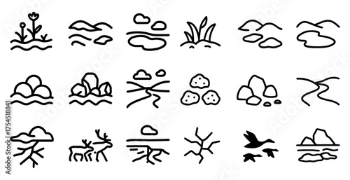 Nature and scenery outline icons set – linear, silhouette, landscape and wildlife symbols