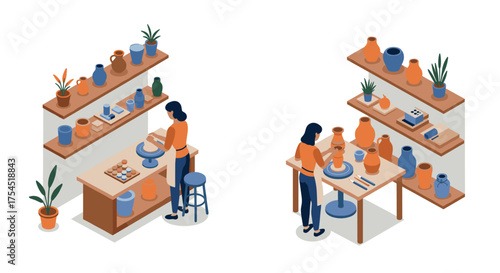 Isometric workshop woman creating ceramics in a pottery studio with shelves of clay works